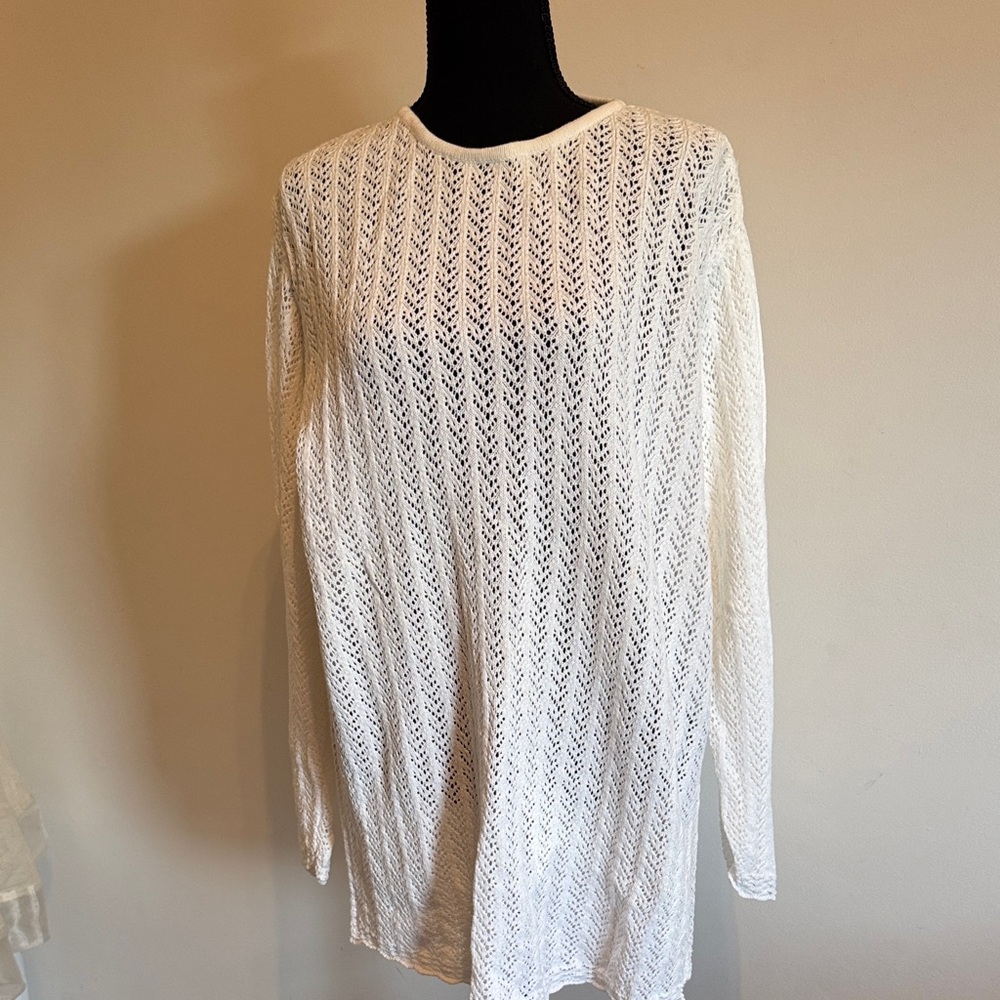 Sisley White Open-Knit Pullover with Red Logo Detail